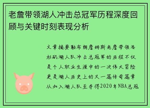 老詹带领湖人冲击总冠军历程深度回顾与关键时刻表现分析