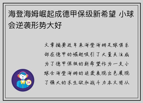 海登海姆崛起成德甲保级新希望 小球会逆袭形势大好 海登海姆崛起成德甲保级新希望 小球会逆袭形势大好