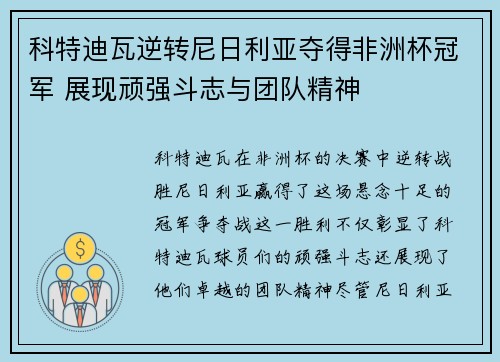 科特迪瓦逆转尼日利亚夺得非洲杯冠军 展现顽强斗志与团队精神